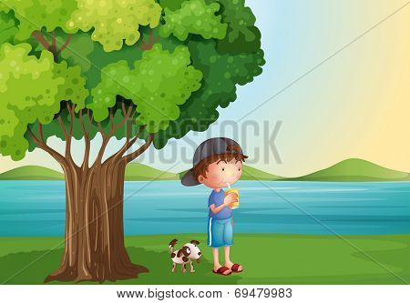 Illustration of a young boy and his pet under the tree