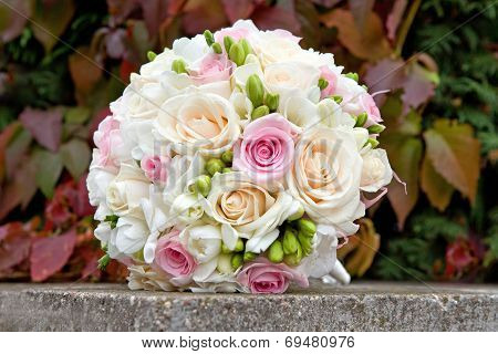 Bouquet of white, pink, cream roses for the wedding ceremony.