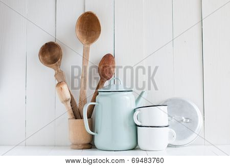 Coffee Pot, Enamel Mugs And Rustic Spoons