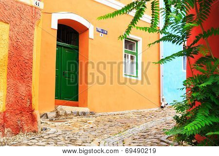 Medieval Street View In Sighisoara Founded By Saxon Colonists In Xiii Century, Romania