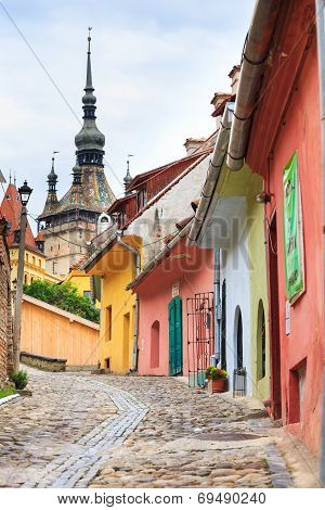 Medieval Street View In Sighisoara Founded By Saxon Colonists In Xiii Century, Romania