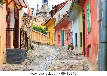 Medieval Street View In Sighisoara Founded By Saxon Colonists In Xiii Century, Romania