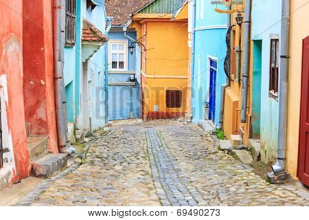 Medieval Street View In Sighisoara Founded By Saxon Colonists In Xiii Century, Romania