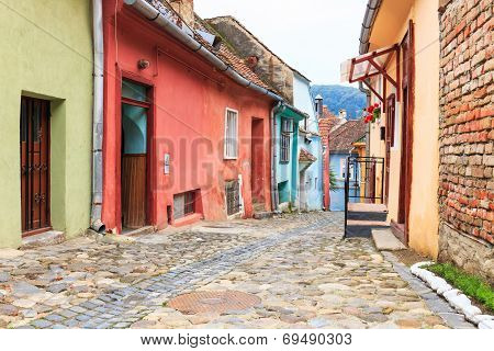 Medieval Street View In Sighisoara Founded By Saxon Colonists In Xiii Century, Romania