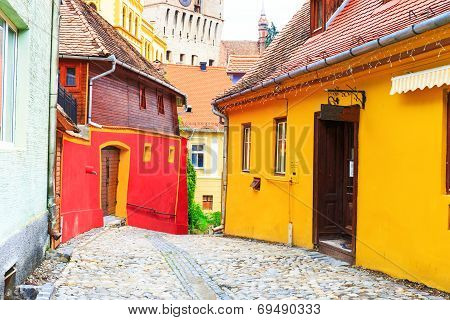 Medieval Street View In Sighisoara Founded By Saxon Colonists In Xiii Century, Romania