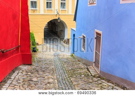 Medieval Street View In Sighisoara Founded By Saxon Colonists In Xiii Century, Romania