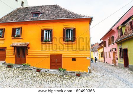 Medieval Street View In Sighisoara Founded By Saxon Colonists In Xiii Century, Romania