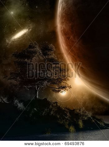 3D landscape with tree on island against a night sky with planet and galaxies
