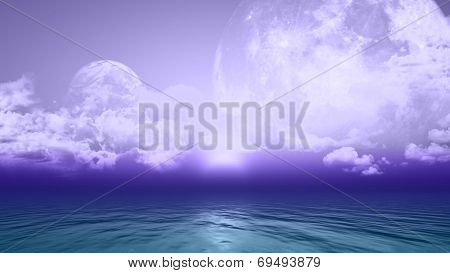 3D background with fictional planets over the ocean 