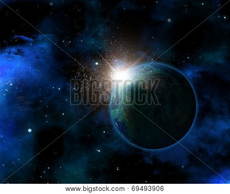 3D space themed background with fictional planet