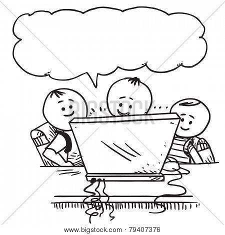 Happy schoolkids with computer speaking  