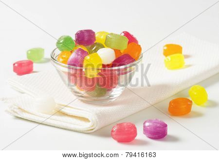 detail of colorful candies in the glass bowl