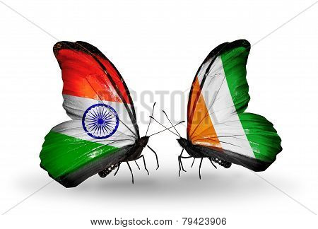 Two Butterflies With Flags On Wings As Symbol Of Relations India And Cote Divoire