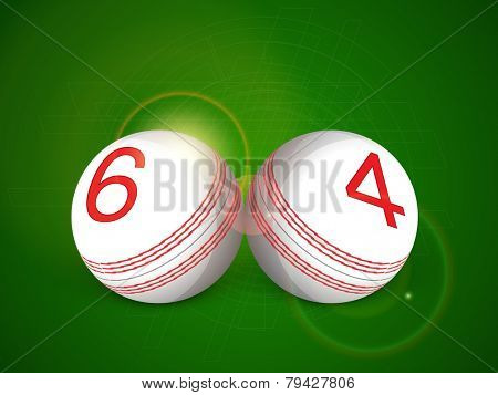 White cricket balls showing 6 and 4 numbers on hi-tech green background.