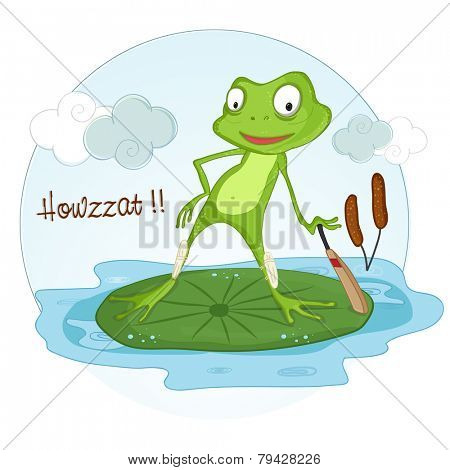 Cute cartoon of a frog holding a cricket bat for showing Howzat.