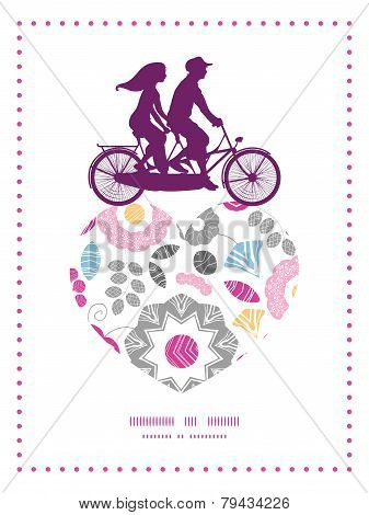 Vector vibrant floral scaterred couple on tandem bicycle heart silhouette frame pattern greeting car