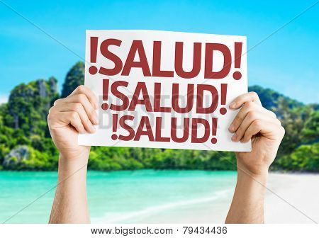 Cheers! (in Spanish) card with a beach on background