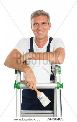 Portrait Of Happy Mature Painter With Stepladder And Paint Bucket Isolated On White Background