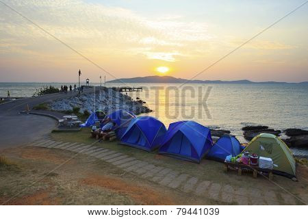 Camping Tent At Sea Side Khao Leam Ya Marine National Park With Sun Rising On Beautiful Light Sky
