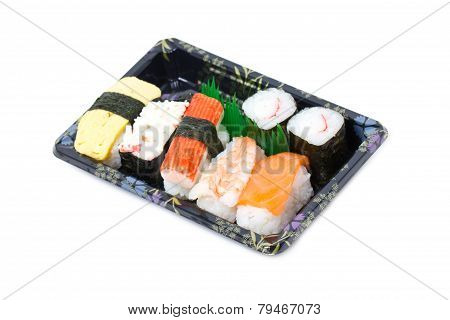 Sushi Set In Stylish Tray Isolated On White