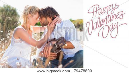 Handsome man serenading his girlfriend with guitar against cute valentines message