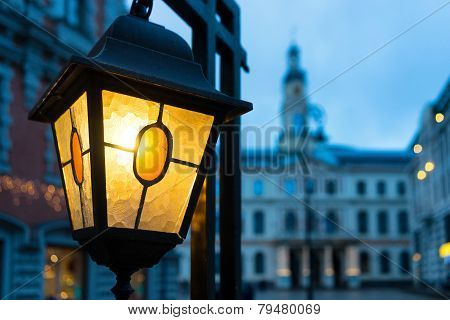 Yellow Light On The Background Of The Town Hall In Riga