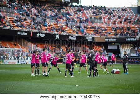 VALENCIA, SPAIN - JANUARY 4: Real Madrid players during Spanish League match between Valencia CF and Real Madrid at Mestalla Stadium on January 4, 2015 in Valencia, Spain