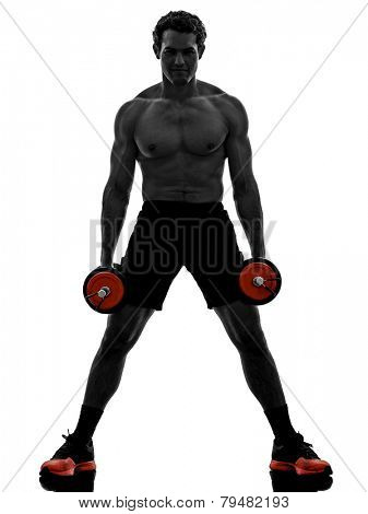 one man topless muscular exercising body building weights training in silhouettes on white background