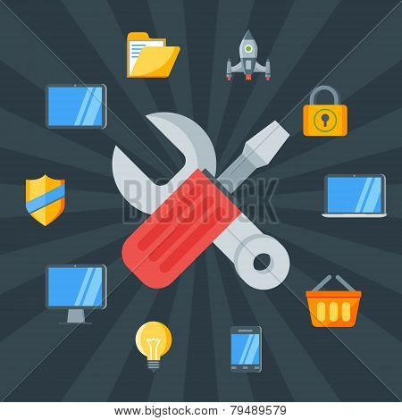 Flat Design Concept For Technical Support. Vector Illustration For Web Banners And Promotional Mater