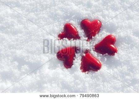 Five Red Hearts In The Snowflakes