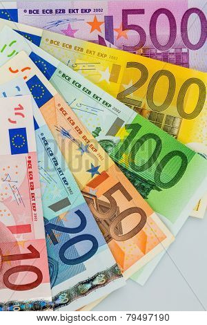 many different euro bills. photo icon for wealth and investment.