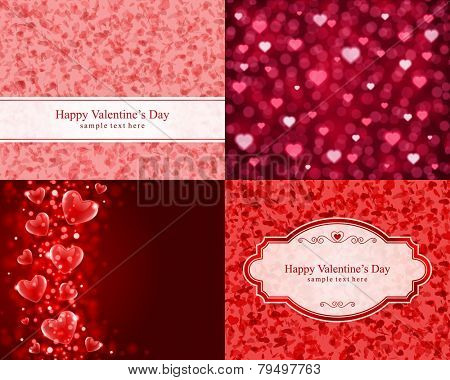 Set Happy Valentine's Day greetings cards vector background design. Valentine's day wishes, hearts, love symbols, bokeh light and gifts.