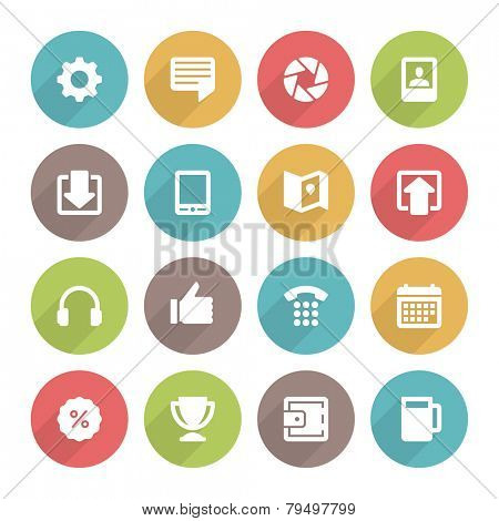 Flat icons vector set and long shadow effect for web site design, infographics, ui and mobile apps. Objects, business, office, communication and marketing items
