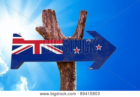 New Zealand Flag wooden sign with sky background