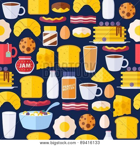 Breakfast icons seamless colorful pattern.