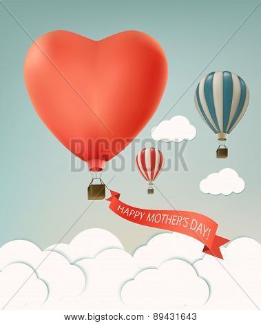 Mothers Day Over Sky Landscape Background With Air Balloons. Vector