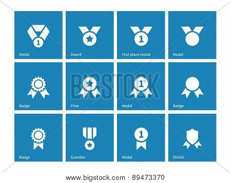 Medal and awards icons on blue background.