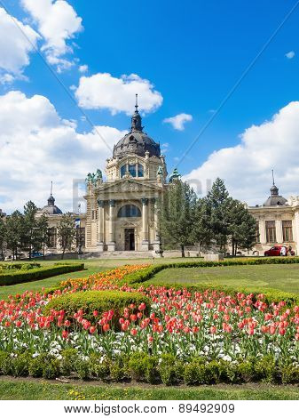 Budapest Hungary - April 19 2015: The Szechenyi Bath In Budapest Hungary With A Flower Garden In The