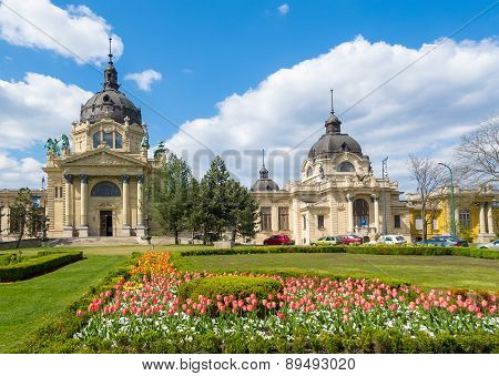 Budapest Hungary - April 19 2015: The Szechenyi Bath In Budapest Hungary With A Flower Garden In The