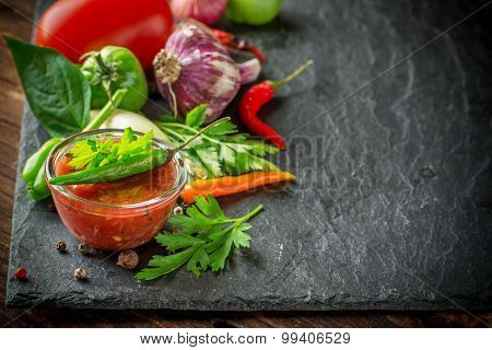 Spicy sweet tomato sauce with onion, garlic, pepper and herbs