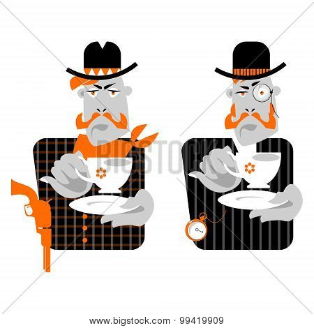 Set Of Man With Сup Of Coffee. Retro Style. Cowboy And Gentleman.