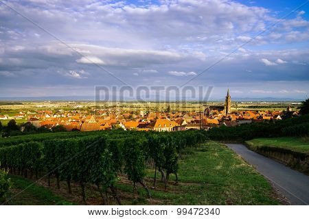 Beautiful Colorful Sunset Over Alsacien Village Dambach-la-ville. Panoramic View.