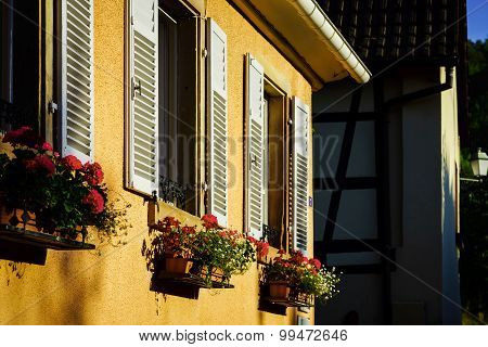 Street View Of Old Windows With Shutters, Andlau, France