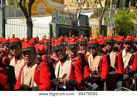 La Paz Bolivia - 23 March 2013: Rows of soldiers march in a military parade for dia del mar in La Paz capitol Bolivia. Die del Mar is celebrated annually on the day Bolivia lost the Litoral province to Chile and therefore sea access in the war.