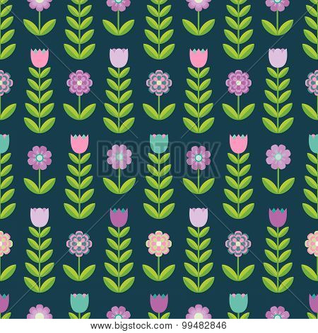 Flower Seamless Pattern On The Dark Background. Vector Illustration.