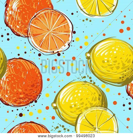 Lemons and oranges are hand-drawn. Vector seamless pattern