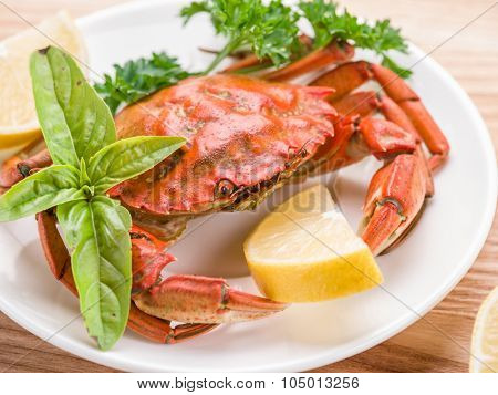 Seafood dish - cooked crab with lemon and herbs.