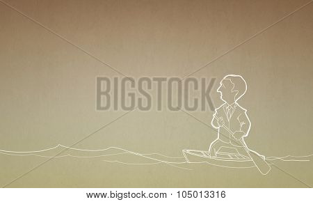 Caricature of funny businessman with paddle floating on boat