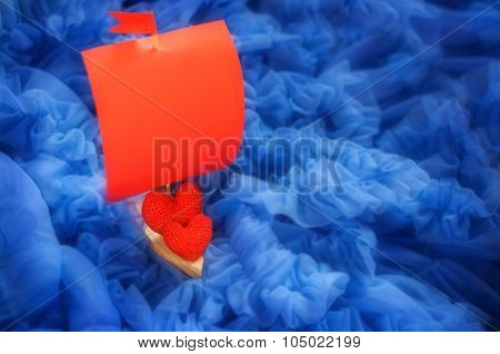 Boat With Red Sails On Blue Background. I Love You. Heart