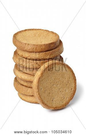 Pile of plain fresh dutch beschuit on white background